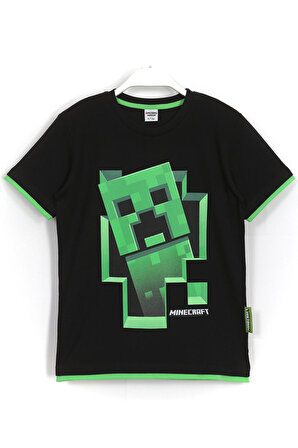 Minecraft Creeper 3d Baskılı Biye Detaylı Erkek Çocuk T-shirt Siyah
