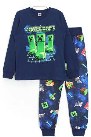 3d Minecraft Baskılı Erkek Çocuk Pijama Takımı Lacivert