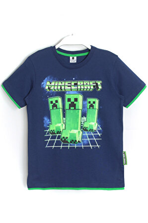 Biye Detaylı Erkek Çocuk Minecraft Creeper Baskılı T-shirt Lacivert