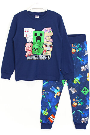 Minecraft 3D Baskılı Erkek Çocuk Alt Üst Pijama Takımı Lacivert