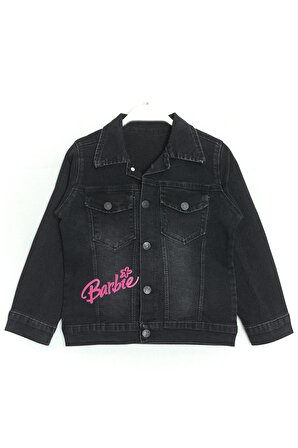 Barbie Baskılı Gömlek Yaka Kız Çocuk Kot Ceket 3-12 Yaş Siyah