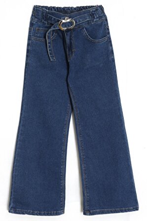 Kemer Detaylı Lastik Belli Bol Paça Kız Çocuk Kot Pantolon 7-11 Yaş Lacivert 