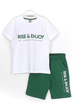 Rise Enjoy Slogan Baskılı Erkek Çocuk Yazlık 2'li Takım 8-15 Yaş Beyaz Yeşil