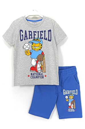Garfield Baskılı Erkek Çocuk Yazlık 2'li Takım 8-15 Yaş Gri Mavi