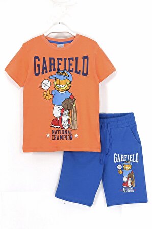 Garfield Baskılı Erkek Çocuk Yazlık 2'li Takım 8-15 Yaş Turuncu Mavi