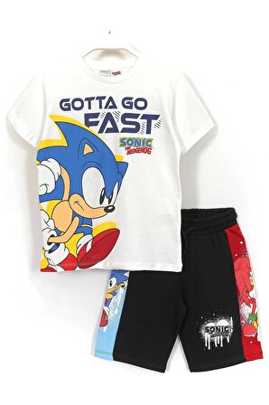Kirpi Sonic Baskılı Erkek Çocuk Kapri T-Shirt Kısa Kollu Takım 4-10 Yaş Beyaz Siyah