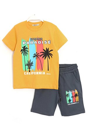 Summer Paradise Baskılı Erkek Çocuk Şort T-Shirt Takım 7-15 Yaş Sarı