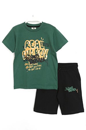 Slogan Baskılı Erkek Çocuk Şort T-Shirt Takım 4-11 Yaş Yeşil Siyah