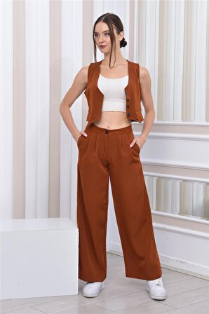 Kadın Dabıl Kumaş Yelek-Pantolon İkili Takım Kiremit