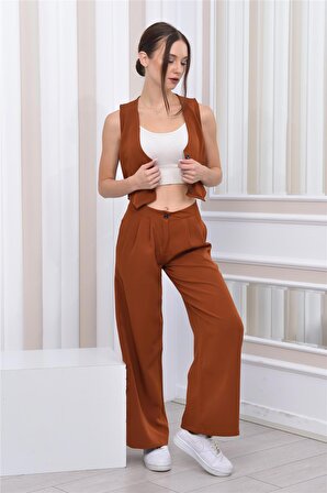 Kadın Dabıl Kumaş Yelek-Pantolon İkili Takım Kiremit