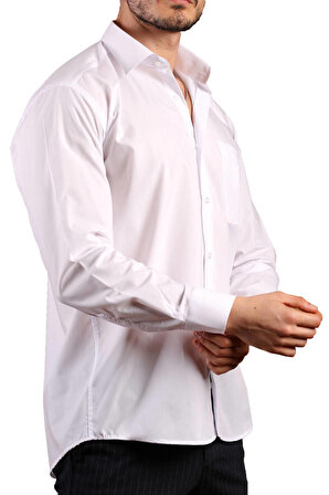 Beyaz Büyük Beden Rahat Kesim Cepli Uzun Kol Regular Fit Erkek Gömlek  - 150-1