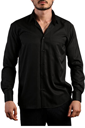 Siyah Büyük Beden Rahat Kesim Micro Kumaş Kol Düğmeli Regular Fit Erkek Gömlek - 190-6