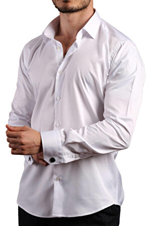 Beyaz 8 Drop Ekstra Uzun Kol Dar Kesim Micro Kumaş Kol Düğmeli Slim Fit Erkek Gömlek - 197-1