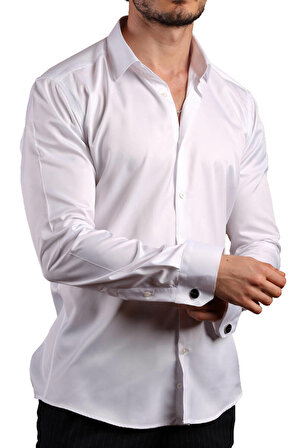Beyaz 8 Drop Ekstra Uzun Kol Dar Kesim Micro Kumaş Kol Düğmeli Slim Fit Erkek Gömlek - 197-1