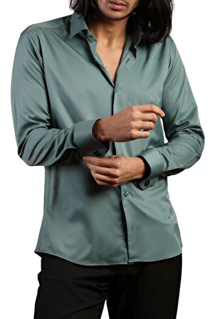 Haki Yeşil Dar Kesim Micro Kumaş Kol Düğmeli Slim Fit Erkek Gömlek - 201-19