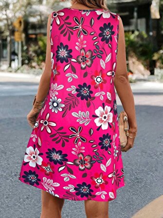 DEMZ Kadın Kolsuz Renkli çiçek Baskılı Süprem Elbise