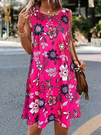 DEMZ Kadın Kolsuz Renkli çiçek Baskılı Süprem Elbise