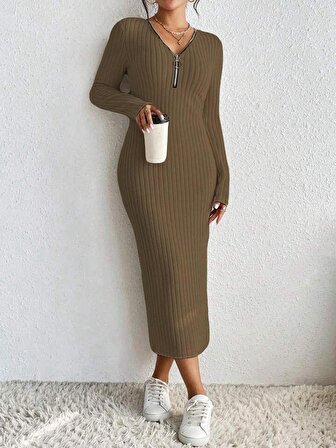 Kadın Uzun Kollu Fermuar Detay Fitilli Kaşkorse Kumaş Maxi Boy Elbise