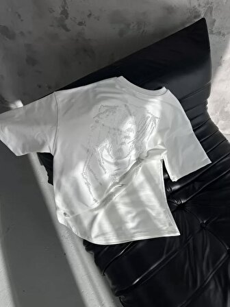 DEMZ Unisex Taşlı Bisiklet Yaka T-Shirt - Beyaz