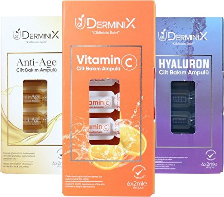Derminix 3'lü Cilt Bakım Ampul Seti / Hyaluron Ampul + Vitamin C Ampul + Anti Age Ampul