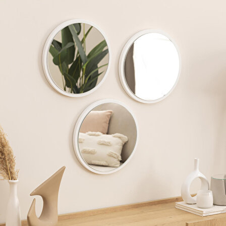 Dfn Wood Beyaz  Mdf 3 Lü Yuvarlak Duvar Salon Banyo Aynası 32x32 Cm