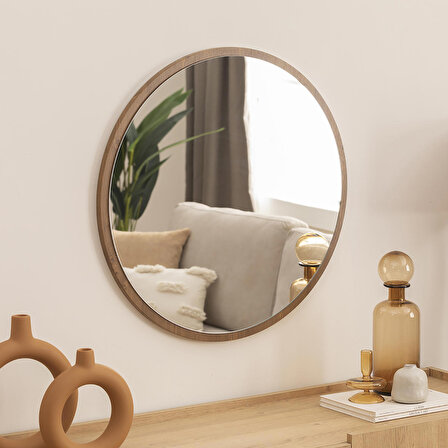 Dfn Wood Kahverengi  Mdf Yuvarlak Duvar Salon Banyo Aynası 60x60 Cm