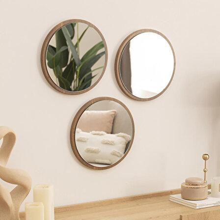 Dfn Wood Kahverengi  Mdf 3 Lü Yuvarlak Duvar Salon Banyo Aynası 32x32 Cm