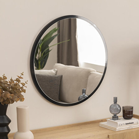 Dfn Wood Siyah Mdf Yuvarlak Duvar Salon Banyo Aynası 60x60 Cm