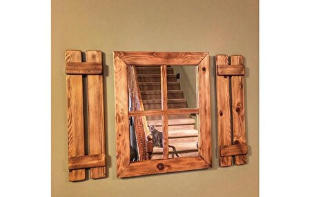 Dfn Wood Ahşap Rustik Dikdörtgen Pencere Ayna 50 x 65  Cm