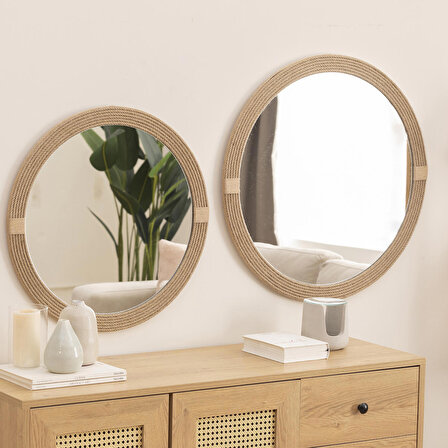 Dfn Wood Jut Halatlı 2'Li Yuvarlak Dekoratif Duvar Salon Banyo Aynası  60,50 Cm