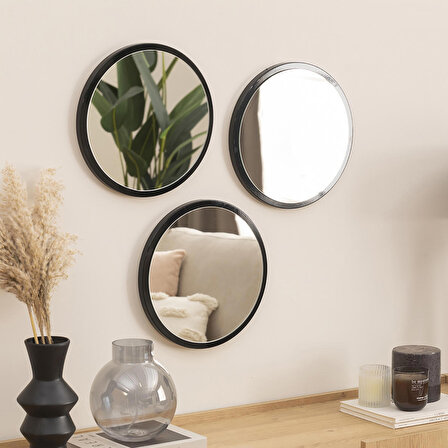 Dfn Wood Siyah  Mdf 3 Lü Yuvarlak Duvar Salon Banyo Aynası 32x32 Cm