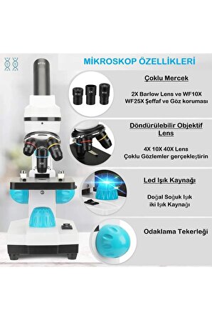 HD Dijital Monoküler 2000X Zoom Mikroskop Seti Öğrenciler İçin LED Işıklı Laboratuvar Mikroskop Kiti