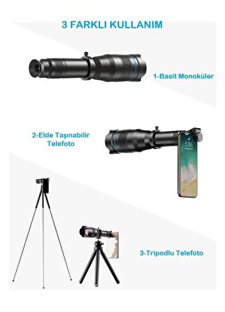 Profesyonel 60X Ultra Hd Zoom Optik Lens Teleskop Monoküler Teleskop Dürbün Tripod +Telefon Klipsi