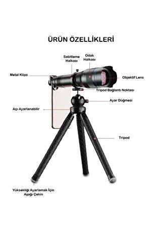 Profesyonel 60X Ultra Hd Zoom Optik Lens Teleskop Monoküler Teleskop Dürbün Tripod +Telefon Klipsi