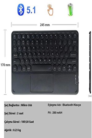 Vorcom Avalon Tablet Uyumlu Şarjlı Touchpadli Yuvarlak Tuş RGB Bluetooth Klavye