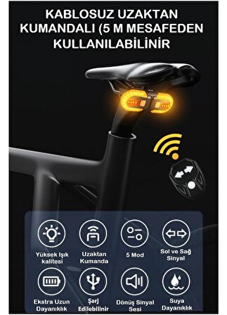 Bisiklet Dönüş Sinyali 5 Modlu Şarj Edilebilir Bisiklet Arka LED Uyarı Işığı Uzaktan Kumanda