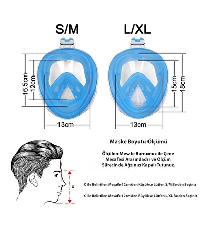 Tam Yüz Dalış Maskesi Buğu Önleyici Şnorkel Fullface Yüzücü Maskesi MAVİ