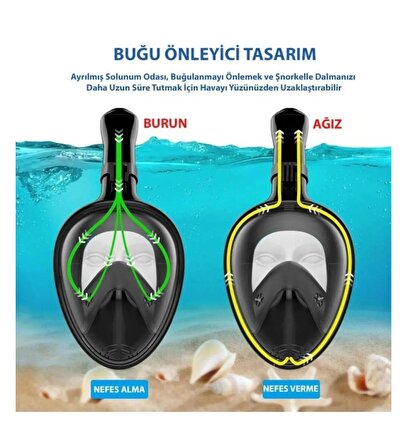 Tam Yüz Dalış Maskesi Buğu Önleyici Şnorkel Fullface Yüzücü Maskesi SİYAH