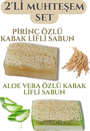 Dekoratif Hediyelik Doğal Pirinç özlü Aloeveralı Kabak Lifli Vücut Bakım Sabunu 2 Li Set
