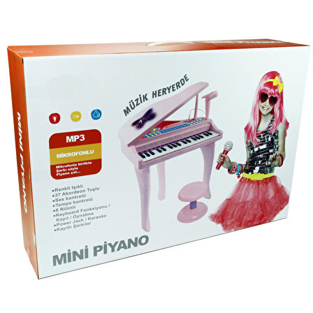 Çocuk Mini Piyano Işıklı  37 Tuşlu Mikrofonlu Ve Tabureli Mini Piyano Pembe