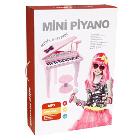 Çocuk Mini Piyano Işıklı  37 Tuşlu Mikrofonlu Ve Tabureli Mini Piyano Pembe