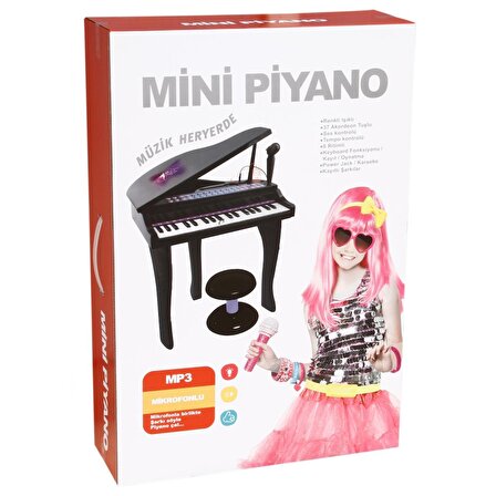 Çocuk Mini Piyano Işıklı  37 Tuşlu Mikrofonlu Ve Tabureli Mini Piyano Siyah