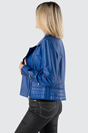 Karina Kadın Hakiki Deri Mavi Ceket