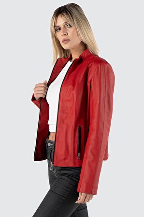İsabella Hakiki Deri Kadın Kırmızı Ceket