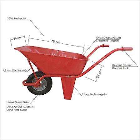 Profesyonel Şişme Teker 100L Eksiz Sızdırmaz Kırmızı İnşaat Bahçe Kum Çimento Tadilat El Arabası