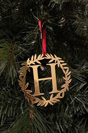 Yılbaşı ağacı süsü pleksi harf - altın çelenk H