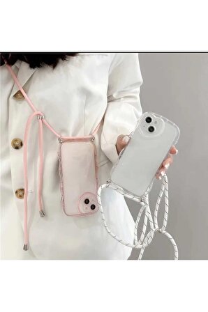 Iphone 13 Sevimli Aşk Kalp Kamera Koruyuculu Dalga Desenli Boyun Askılı İpli Silikon Kılıf