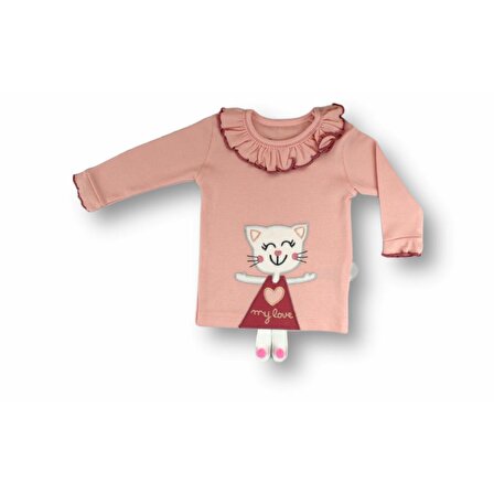 Elbiseli Kedi Nakışlı Bandanalı Uzun Kollu Sweat 3lü Kız Bebek Takımı Pembe