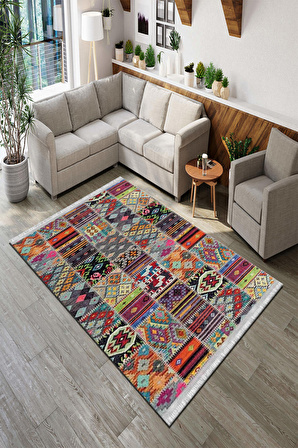 Roslyn Home Patchwork Desenli Vintage Salon Halısı Kadife Kumaş Dokuma Taban Mutfak Halısı Yolluk