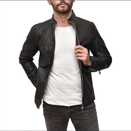 Tomıross Erkek Siyah Deri Ceket İçi Kürklü Düz Deri Model Slim Fit Dar kesim DRİMNT2021